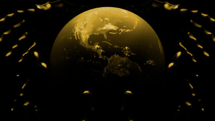 Poster - Black background with green and yellow patterns. Design. The illuminated planet earth made in abstraction is rapidly rotating around its axis.