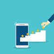 © madedee - Customer Experiences Concept. Happy Client Review Five Star Rating for Online Satisfaction Surveys on a mobile phone . Positive Feedback
