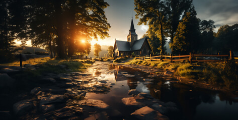 Wall Mural - church in autumn, church in the evening, church big windows with sunlight  hd wallpaper