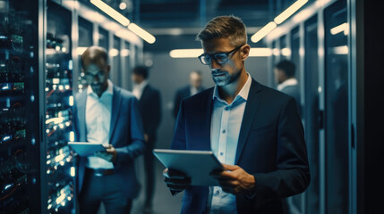 Two specialist holding laptop are checking and talking at a data center.