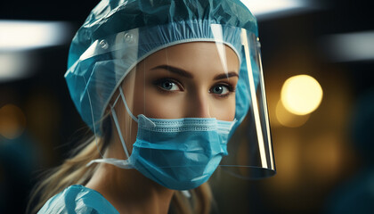 Sticker - Young adult surgeon wearing surgical mask, looking confidently at camera generated by AI