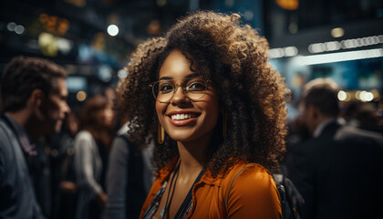 Canvas Print - Young adults enjoying city nightlife, smiling and walking carefree together generated by AI