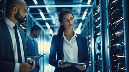 Fototapete - Portrait of woman IT engineer standing and holding laptop in a data Room with Operational.
