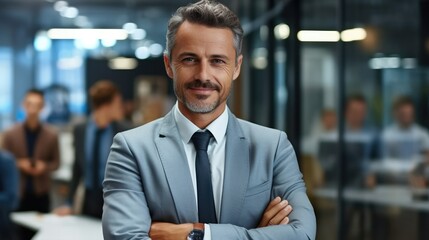 Aufkleber - Portrait of confident mature good looking middle aged leader, CEO businessman in suit on office multiethnic employees background.