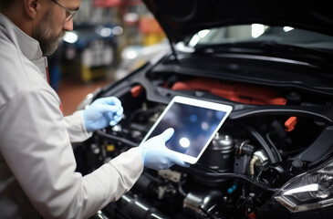 Aufkleber - Mechanic in white gloves using special digital tablet used for automobile checkup and fixing damaged car parts in service station.