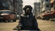 A dog wearing a black jacket is sitting on a street