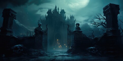 Halloween night scene with castle background.