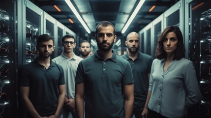 Leinwandbilder - Group of IT engineers working in the data center with lots of decommissioned servers.