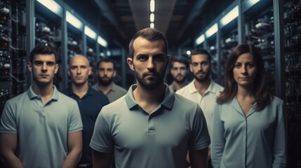 Fototapete - Group of IT engineers working in the data center with lots of decommissioned servers.