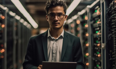 Leinwandbilder - IT Specialist Holding Laptop and working at a Data Center.