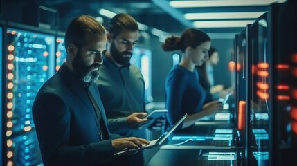Leinwandbilder - IT team of two people working in the data center, Surrounded by servers.