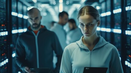 Leinwandbilder - IT team of two people working in the data center, Surrounded by servers.