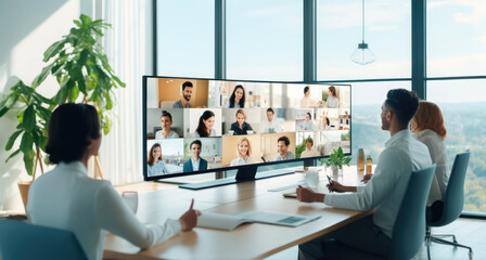 Aufkleber - Business team doing a video conference in the office, Online meeting.