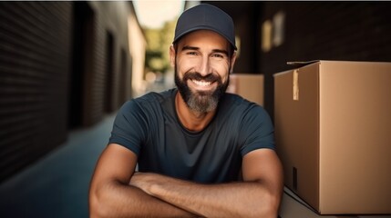 Poster - Portrait of young man carrying moving boxes, Great service is simply a part of the job.