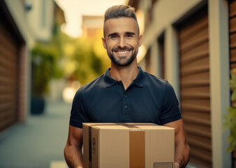 Poster - Smiling delivery person carrying box.