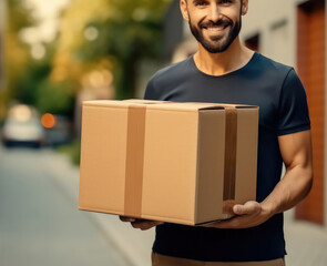 Poster - Courier holding cardboard box for delivery.