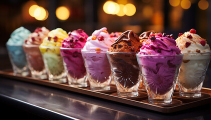 Gourmet dessert sweet ice cream sundae, chocolate indulgence, fruity freshness generated by AI