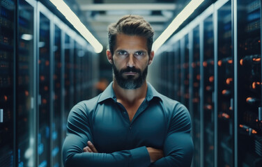 Fototapete - Portrait of man IT engineer standing in a data Room.