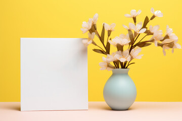 Poster - Picture of blue vase filled with white flowers and blank card. This image can be used for various occasions and events where simple yet elegant floral arrangement is needed.