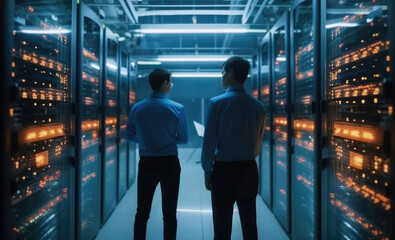 Leinwandbilder - IT team of two people working in the data center, Surrounded by servers.