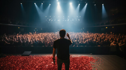 Poster - Singer performing on stage, Crowd cheering, Arms raised.