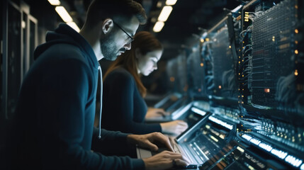 Fototapete - Computer engineers using laptops in the computer room, Remotely controlling the server.