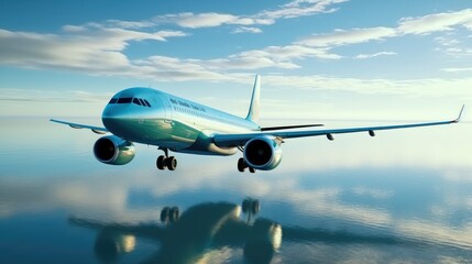 The plane flies over surface of the ocean.