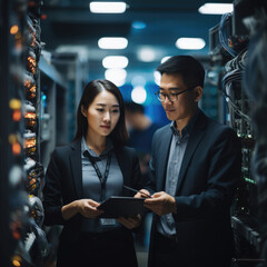 IT team of two people working in the data center, Surrounded by servers.