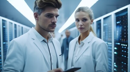 Two IT service provider wearing light colored overalls, Work and communicate in the data center room.