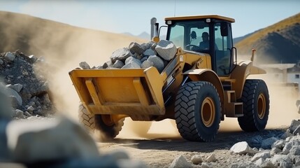 Wall Mural - Excavation loader lifting heavy block of marble in quarry.