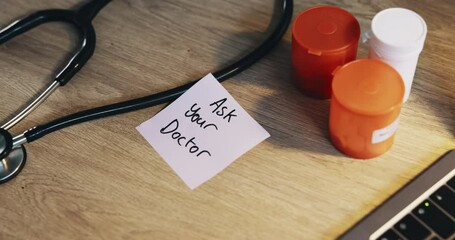 Aufkleber - Stethoscope, pills and paper on healthcare for question, information or prescription in hospital office. Telehealth, sticky note and doctor equipment for test results, medical diagnosis or medication