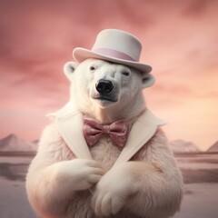 A majestic polar bear wearing a vibrant hat and bow tie stands atop a cloud-filled landscape, inviting viewers to explore its playful and anthropomorphic world