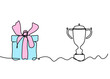 Abstract color present box and trophy as continuous line drawing on white