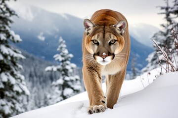 Wall Mural - mountain cougar in a snowy landscape
