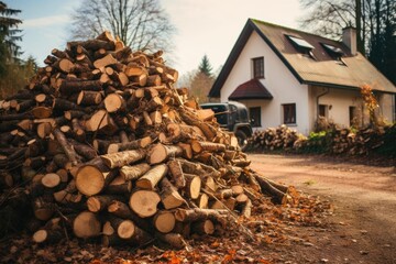 A pile of firewood for heating in a family house