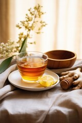 A glass of lemon and ginger root tea on table top.