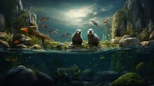 The World Of River Wildlife, With An Artistic Portrayal Of Aquatic Creatures Like Otters And Herons In Their Natural Habitat