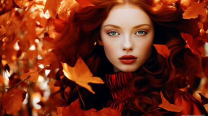 Wall Mural - Beautiful model with autumn leaves