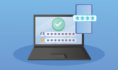 Multifactor verification icon, two factor authentication, online password verify, code login on laptop from mobile, secure message in phone.on blue background.Vector Design Illustration.