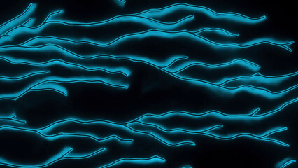 Poster - Moving 3d lines with electric light. Design. Cyber lines move branching in stream on black background. Lines of kier energy move branching out