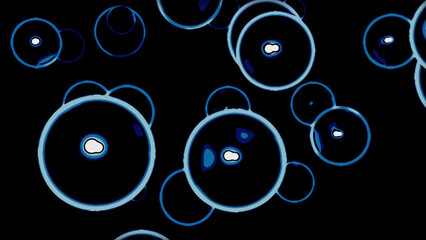 Poster - Black background with transparent bubbles. Design. Animation with giant inflated blue and purple bubbles arranged in a chaotic order.