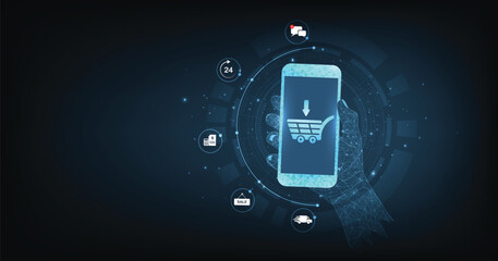 Aufkleber - Online business and Internet trading concept. A virtual image cart on a dark blue background conveys purchasing products and services via the Internet.	