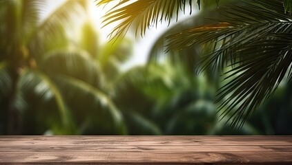 Wall Mural - Wooden table with green forest and beach background.