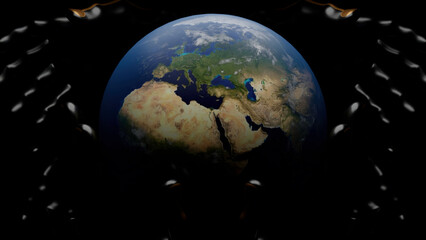 Poster - The rotating planet Earth. Design. A black background with the Earth making a defense around its axis in abstraction.