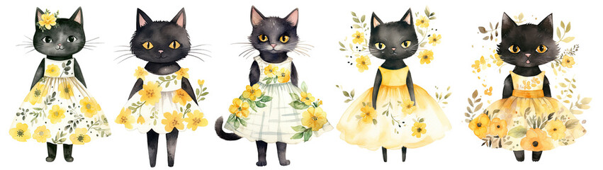 Watercolor illustration Cute black cats wearing floral dresses, with various yellow flower designs collection cut out transparent isolated on white background PNG