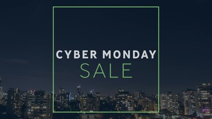 Canvas Print - Animation of cyber monday and sale text in square over illuminated buildings against sky