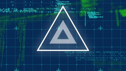 Poster - Animation of looping triangles with grid pattern and computer language over abstract background