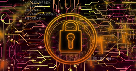 Poster - Animation of padlock in circles and circuit board pattern over black background