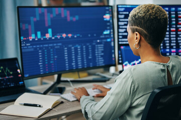 Poster - Computer screen, stock market and business person reading, typing or work on IPO equity, trade analytics or cryptocurrency. Data analysis, workplace and back of corporate broker review finance stats