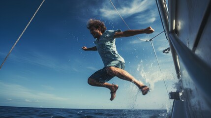 Wall Mural - A thrilling image capturing a moment of pure summer joy, as an individual takes a daring leap from a boat into the crystal clear blue waters below. The essence of summer fun and adventure.